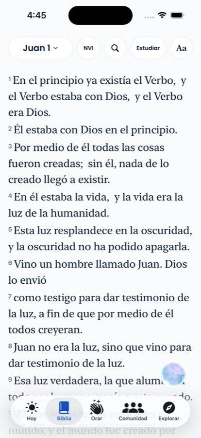 Maná en un iPhone: Juan 1 abierto, con el selector de versión y las herramientas de estudio